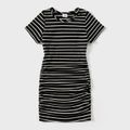 Black Stripe Print Short-sleeve Ruched Side Bodycon Dress for Mom and Me Black/White