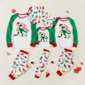 Family Matching Christmas Dinosaur and Letter Print Raglan Long-sleeve Pajamas Sets (Flame Resistant) Green/White