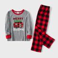 Christmas Letter Print and Red Plaid Family Matching Long-sleeve Crewneck Pajamas Sets (Flame Resistant) Color block