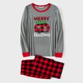 Christmas Letter Print and Red Plaid Family Matching Long-sleeve Crewneck Pajamas Sets (Flame Resistant) Color block