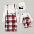 White Long-sleeve Top and Plaid Split Hem Suspender Bodycon Mini Overall Dress Matching Sets Red/White