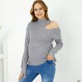 Maternity Cold Shoulder Long-sleeve Turtleneck Grey Knit Sweater Light Grey