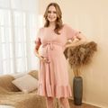 Maternity Pink Ruffle Hem Front Belted Short-sleeve Dress Pink