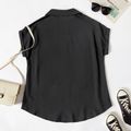 Women Plus Size Basics Lapel Collar Button Design Tie Front Short-sleeve Black Shirt Blouse Black