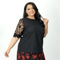 Women Plus Size Elegant Mesh Lace Half-sleeve Black Blouse Black