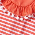 Baby Girl Striped Ruffle Pom Poms Decor Long-sleeve Dress Orange