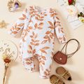Baby Girl Allover Leaf Print Button Front Long-sleeve Jumpsuit White image 2
