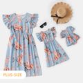 Floral Print Blue V Neck Ruffle Sleeve Dress for Mom and Me Light Blue