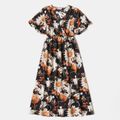 All Over Floral Print V-neck Ruffle Short-sleeve Midi Dress for Mom and Me Black