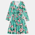 Floral Print Green Long-sleeve Belted Midi Dress for Mom and Me Mint Green
