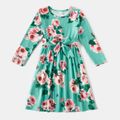 Floral Print Green Long-sleeve Belted Midi Dress for Mom and Me Mint Green