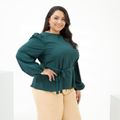 Women Plus Size Elegant Round-collar Puff-sleeve Tie Belt Green Blouse Green