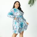 Women Plus Size Vacation Floral Print Round-collar Long-sleeve Midi Dress Light Blue