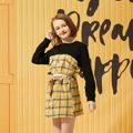 2-piece Kid Girl Round-collar Plaid Splice Long-sleeve Top and Plaid Bowknot Button Design Skirt Set Yellow