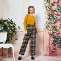 2-piece Kid Girl Cutout Long-sleeve Solid Top and Bowknot Decor Plaid Paperbag Pants Set Multi-color