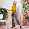 2-piece Kid Girl Cutout Long-sleeve Solid Top and Bowknot Decor Plaid Paperbag Pants Set Multi-color