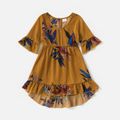 Floral Print Yellow V Neck 3/4 Bell Sleeve Ruffle Hem Midi Dress for Mom and Me Yellow
