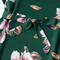 Dark Green Floral Print Crewneck Short-sleeve Belted Chiffon Dress for Mom and Me Dark Green