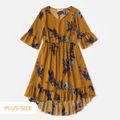 Floral Print Yellow V Neck 3/4 Bell Sleeve Ruffle Hem Midi Dress for Mom and Me Yellow