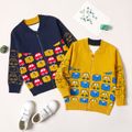 Kid Boy Car Print Colorblock Zipper Knit Sweater Cardigan Yellow