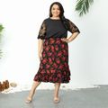 Women Plus Size Vacation Floral Print Flounce Hem Skirt Black