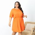 Women Plus Size Casual Short-sleeve Waisted Orange Midi Tee Dress Orange