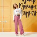 2-piece Kid Girl Letter Rainbow Print Tie Knot Long-sleeve Top and Striped Elasticized Pants Set Pink