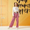 2-piece Kid Girl Letter Rainbow Print Tie Knot Long-sleeve Top and Striped Elasticized Pants Set Pink