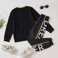 2-piece Kid Boy Letter Print Colorblock Pullover and Elasticized Pants Casual Set Black