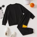 2-piece Kid Boy Letter Basketball Print Black Pullover and Colorblock Pants Set Black