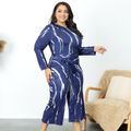 Women Plus Size Vacation Round-collar Back Hollow out Long-sleeve Belted Jumpsuit Royal Blue