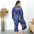 Women Plus Size Vacation Round-collar Back Hollow out Long-sleeve Belted Jumpsuit Royal Blue