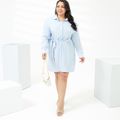 Women Plus Size Casual Lapel Collar Button Design Belted Long-sleeve Light Blue Shirt Dress Light Blue