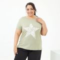 Women Plus Size Casual Star Leopard Print Short-sleeve Green Tee Green
