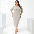 Women Plus Size Elegant Sweetheart Neck Gigot Sleeve Khaki Maxi Dress Khaki
