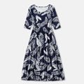 Family Matching Leaves Print Half-sleeve Midi Dresses and Short-sleeve T-shirts Sets Royal Blue