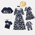 Family Matching Leaves Print Half-sleeve Midi Dresses and Short-sleeve T-shirts Sets Royal Blue