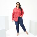 Women Plus Size Casual V Neck Button Design Stars Print Long-sleeve Shirt Hot Pink