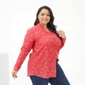 Women Plus Size Casual V Neck Button Design Stars Print Long-sleeve Shirt Hot Pink
