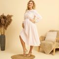 Half Button Round Neck  Long-sleeve Solid Color Maternity Dress Beige