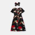 All Over Floral Print Black Ruffle Short-sleeve V-neck Midi Dress for Mom and Me Color block