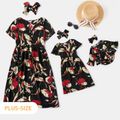 All Over Floral Print Black Ruffle Short-sleeve V-neck Midi Dress for Mom and Me Color block