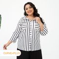 Women Plus Size Casual Stripe Lapel Collar Button Design Long-sleeve Shirt Black