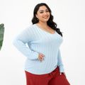 Women Plus Size Basics U Collar Ribbed Knit Sweater Light Blue