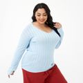 Women Plus Size Basics U Collar Ribbed Knit Sweater Light Blue
