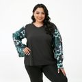 Women Plus Size Vacation V Neck Floral Print Long-sleeve Tee Black