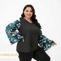 Women Plus Size Vacation V Neck Floral Print Long-sleeve Tee Black