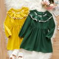 Toddler Girl 100% Cotton Floral Embroidered Flounce Pompom Design Long-sleeve Dress Green