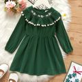 Toddler Girl 100% Cotton Floral Embroidered Flounce Pompom Design Long-sleeve Dress Green