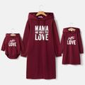 Letter Print Wine Red Long-sleeve Hooded Sweatshirt Dress for Mom and Me Burgundy image 1